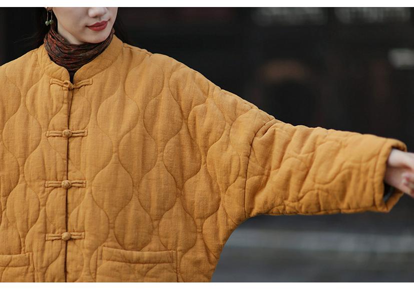 Women's Winter Ramie Quilted Jacket, Retro Stand Collar, Frog Closure