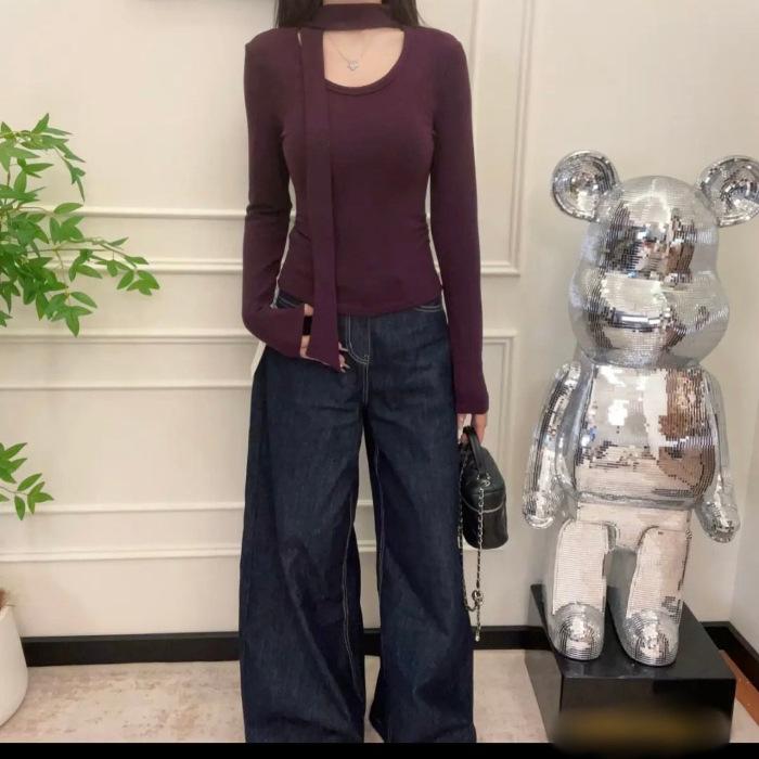 Threaded Velvet U-Neck Long-Sleeve Fleece T-shirt - Autumn/Winter Ribbon Design, Elegant Style