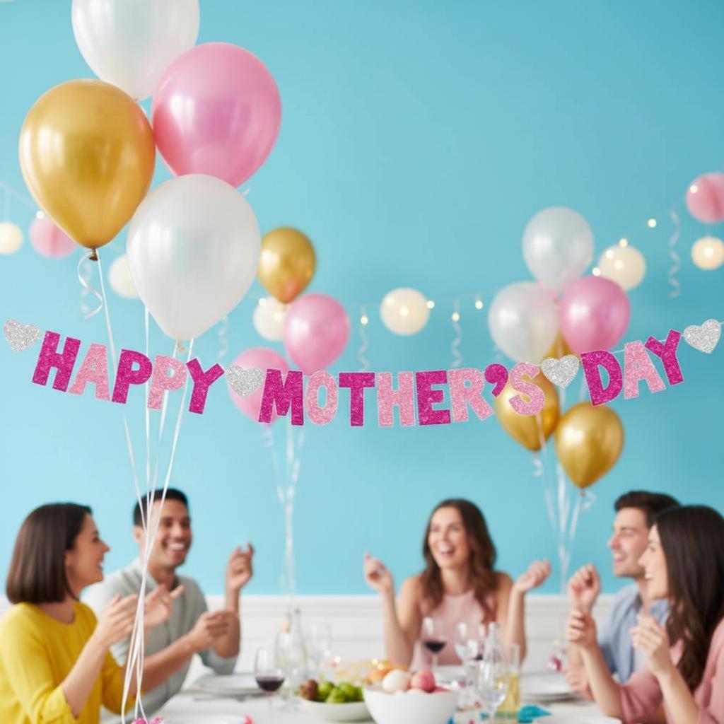 Joyful Mother's Day Banner Easy to Hang Mother's Day Glitter Banner Holiday Decoration Premium Cardstock Party Supply