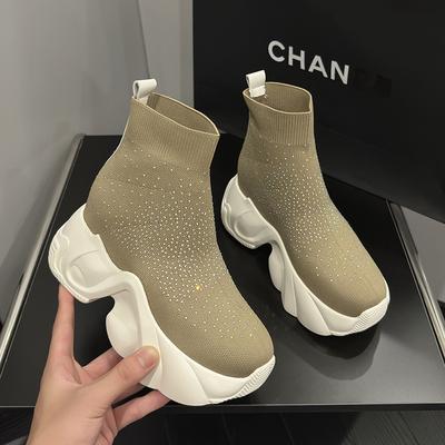European Medium Tube Socks Women's 2025 Spring and Autumn New Trendy Flying Woven Shoes Versatile Thick-soled Casual High-top Shoes Inner Height-in