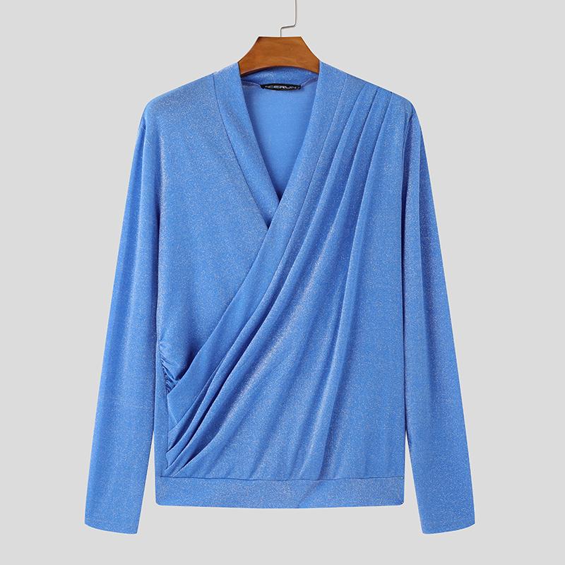 INCERUN Men V Neck Long Sleeve Glitter Front Cross See Through Tops T-shirts