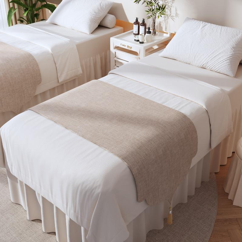 Beauty Salon Chinese Bed Flag Dust Proof Bed Cover Massage Foot Massage Bed End Towel Zen Inspired Decorative Long Bed Blanket Tassel Linen Fabric