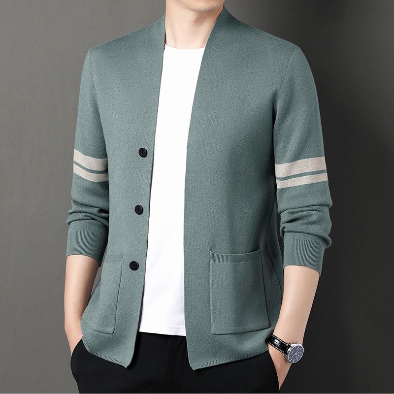 Spring and Autumn New Striped Knitted Cardigan Men's Thin Jacket Korean Style Large Size Sweater Versatile Men's Clothing