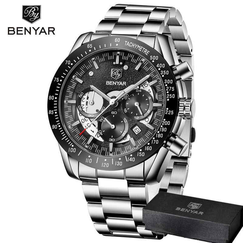 BENYAR Sport Watch Men Top Brand Luxury Blue Quartz Male Chronograph Clock Military Waterproof Stainless Steel Wristwatch 5120