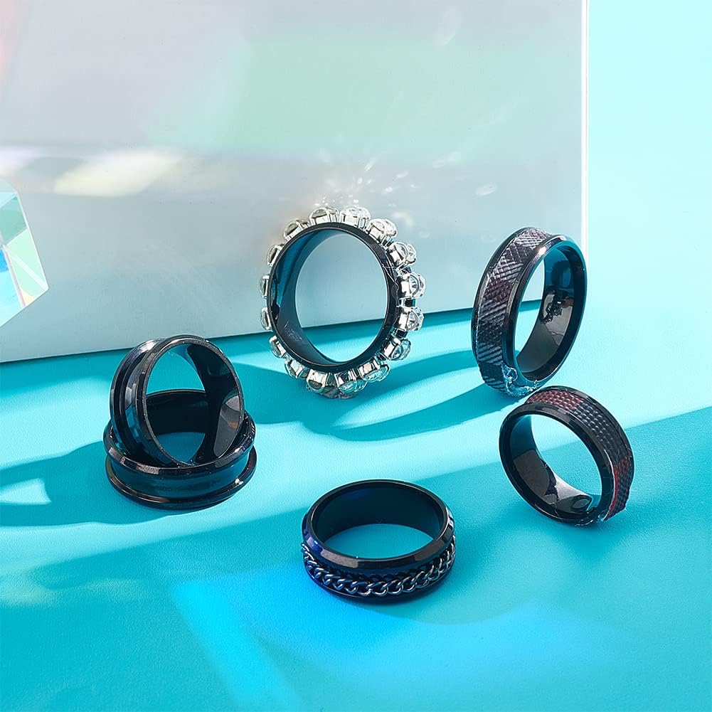 UNICRAFTALE 16pcs Stainless Steel Black Finger Ring - 8 Sizes Blank Core for Inlay Round Grooved Empty Blanks With Velvet Pouches for Jewelry Making