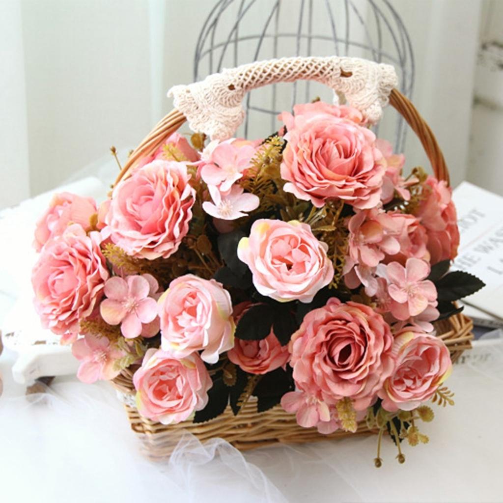 Künstlicher Seidenhandstrauß, gemischte künstliche Blumen, Pfingstrosen, Rosen, Hortensien, Dekor