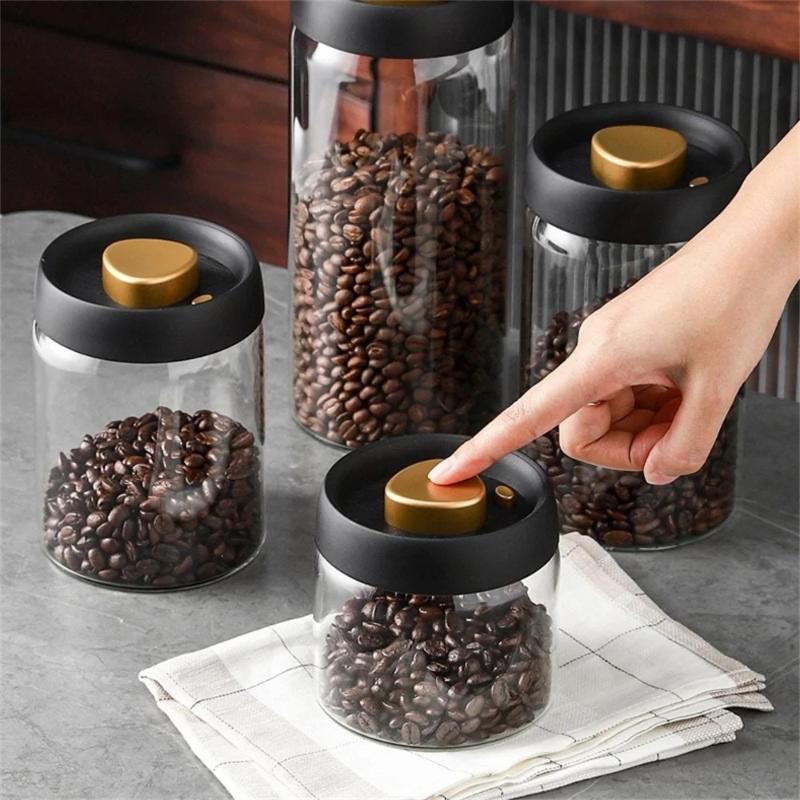 Coffee Bean Storage Container Compact Airtight Press-Down Vacuum Sealed Glass Jar for Small Apartment Kitchen Use