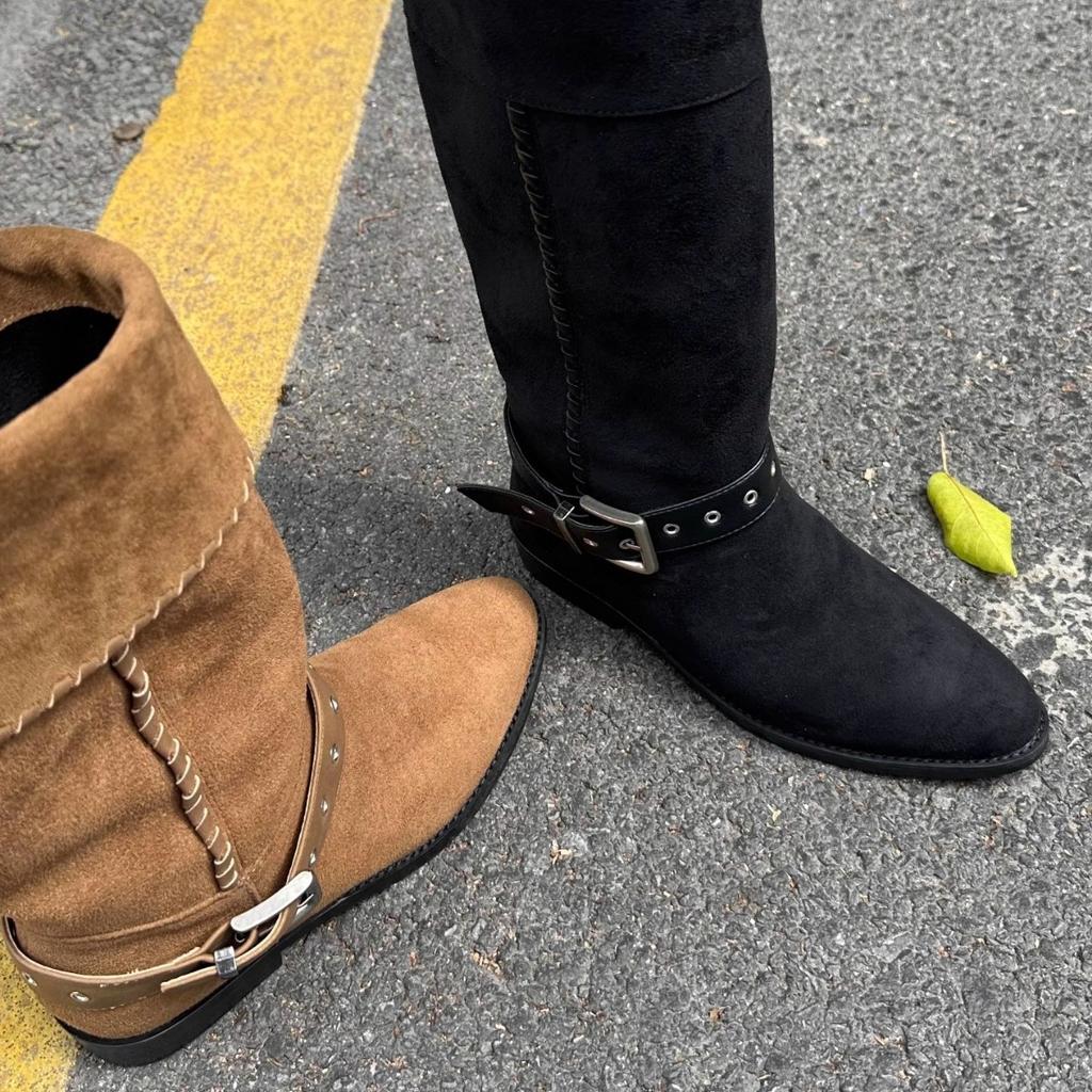 Korean Version Flanged Low Heel Small Round Head Western Boots Female Knight Boots Belt Buckle Long Cowboy Boots High Ballet Boots