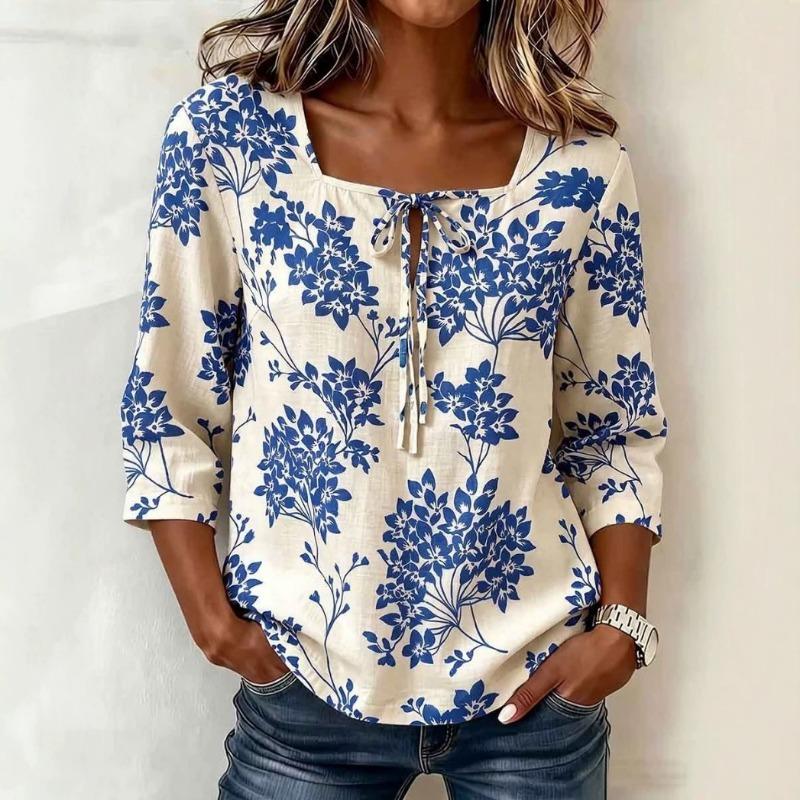 Womens Retro Floral Print Square Neck 3 Quarter Sleeve Casual Loose Top
