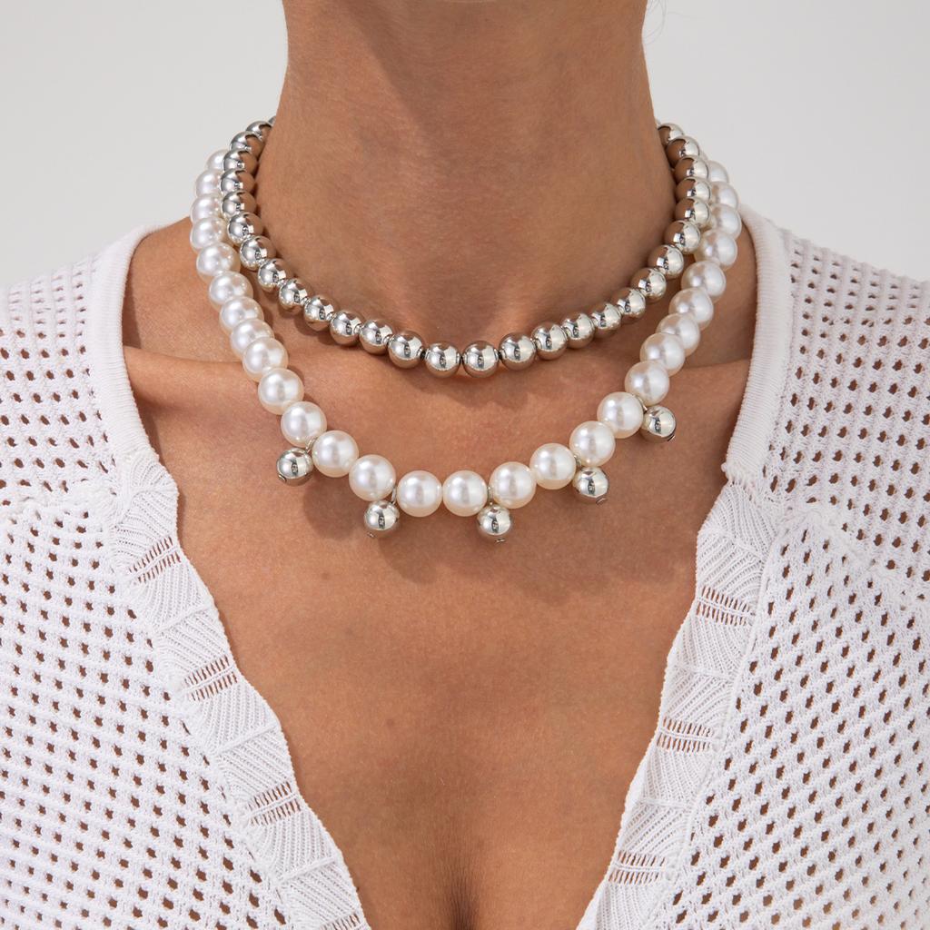 Ocean Wind Starfish Scallop Shell Necklace, Fashionable Imitation Pearl Ccb Beads Stacked Collarbone Chain