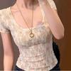 Pure desire Spice Girl big u-neck lace floral front shoulder short-sleeved T-shirt women's summer new slim-fitting short top