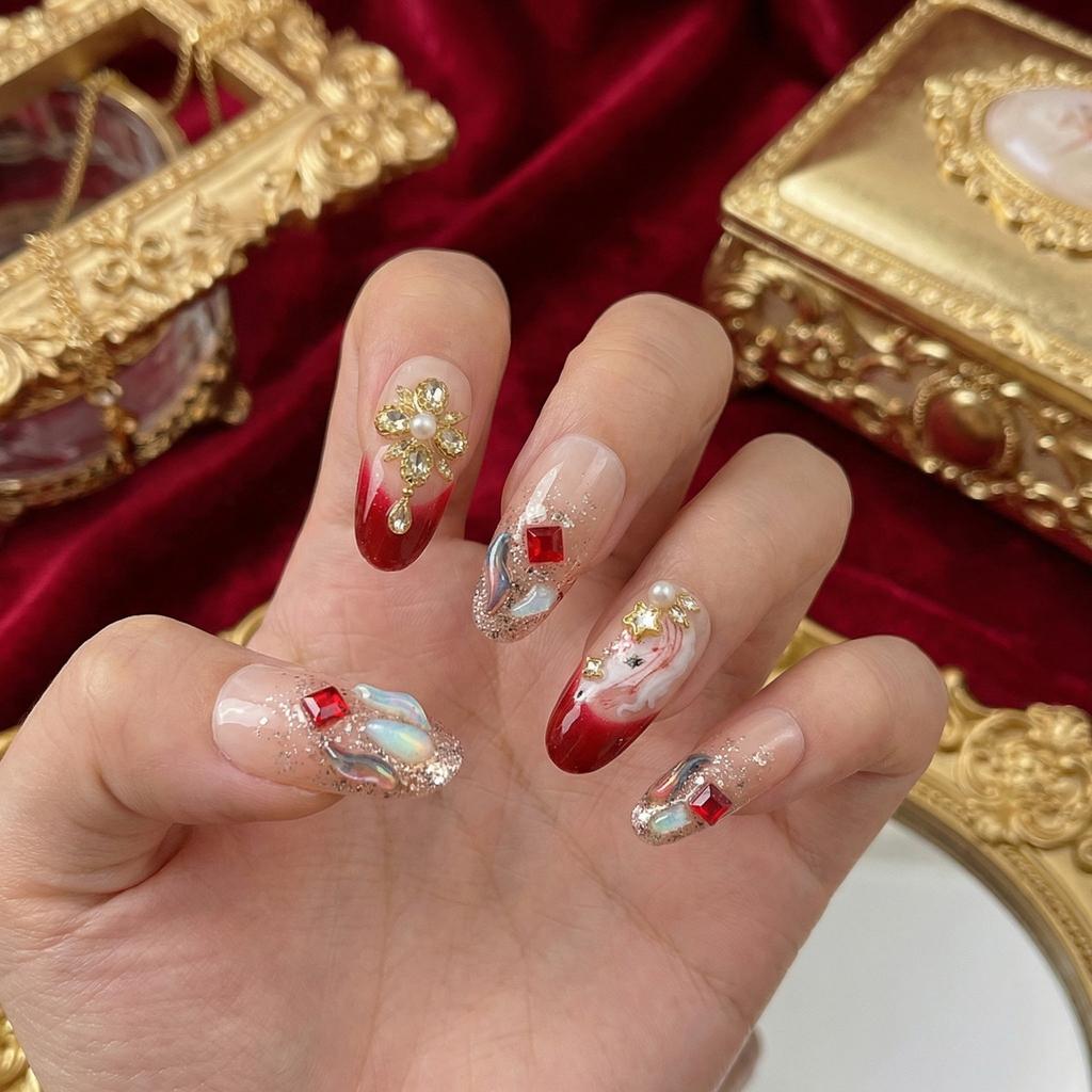 10PCS Red Gradient False Nails with Flash Glitter Design For Women Wedding Party Use