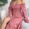 Elegant Women Solid High Waist Pleated Dress Long Sleeve Dot Lace Up Autumn Winter