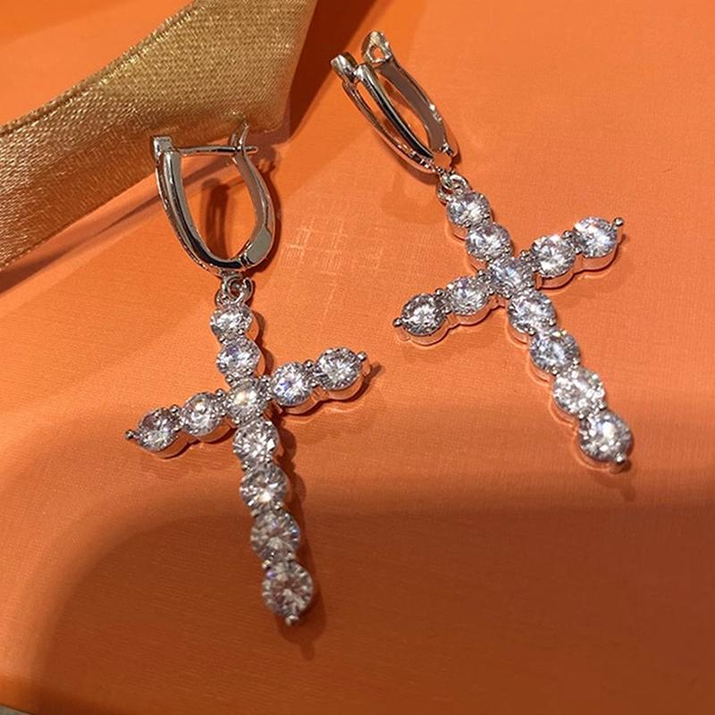 Huitan Luxury Cross Design Women Drop Earrings Inlaid Shining CZ Trendy Party Daily Versatile Lady Accessories Chic Jewelry