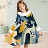 Girls High Neck Long Sleeve Geometric Printed Green Khaki Bow Decor Furry Trim A Line Flared Dress