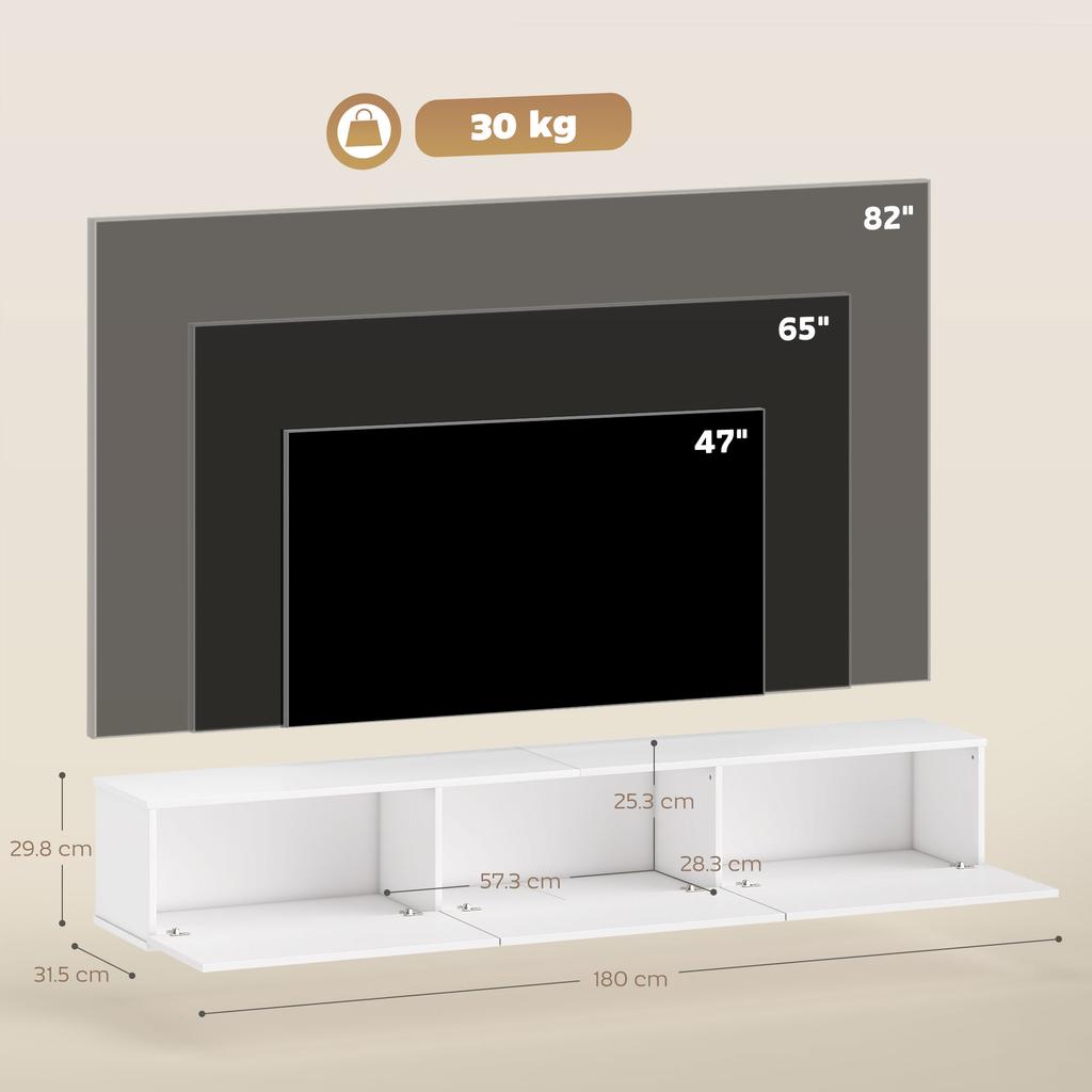 Wall-Mounted TV Cabinet for TVs up to 82" with 3 Flip-Up Cabinets and Soft Close Doors, White