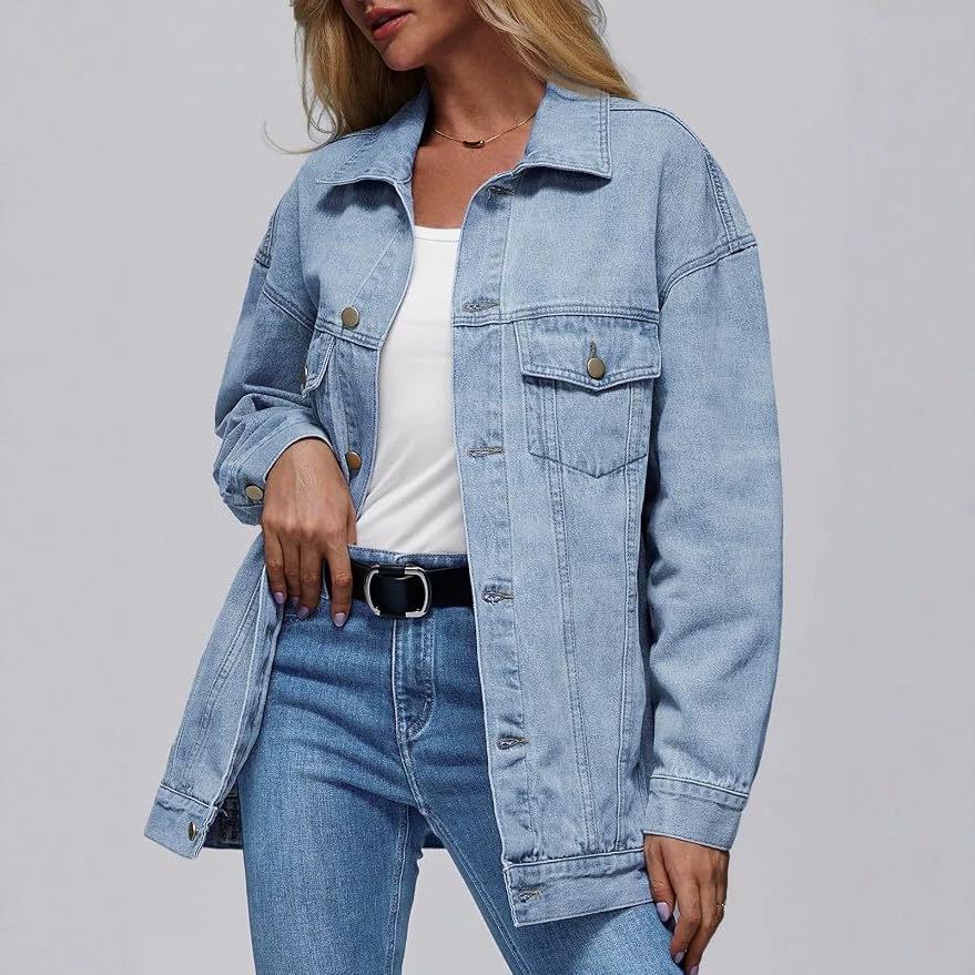 Women's Autumn Loose Lapel Denim Jacket - Casual Long Sleeve Outerwear