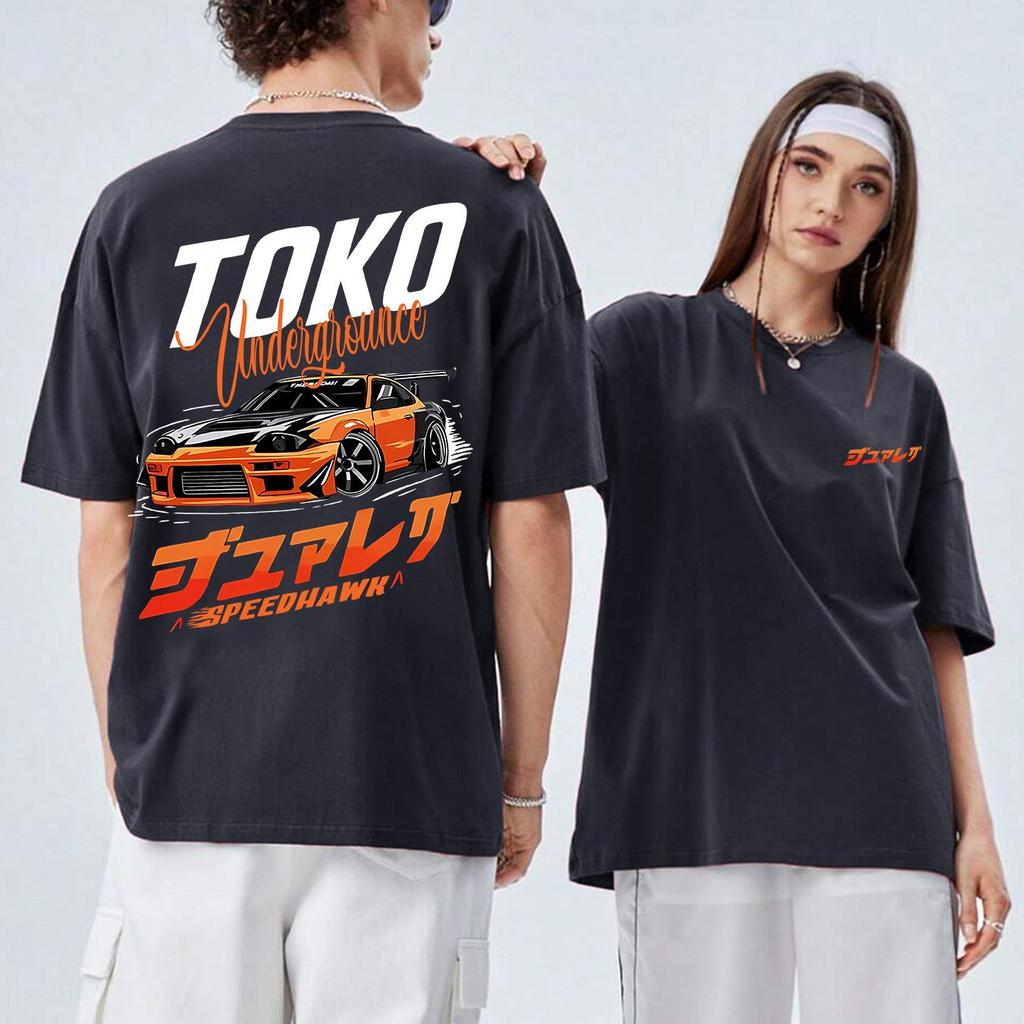 TOTKO Men's Tokyo Drift Graphic T-Shirt Streetwear Casual Short Sleeve Tee Racing Car Print Vibrant Purple Orange Round Neck Top