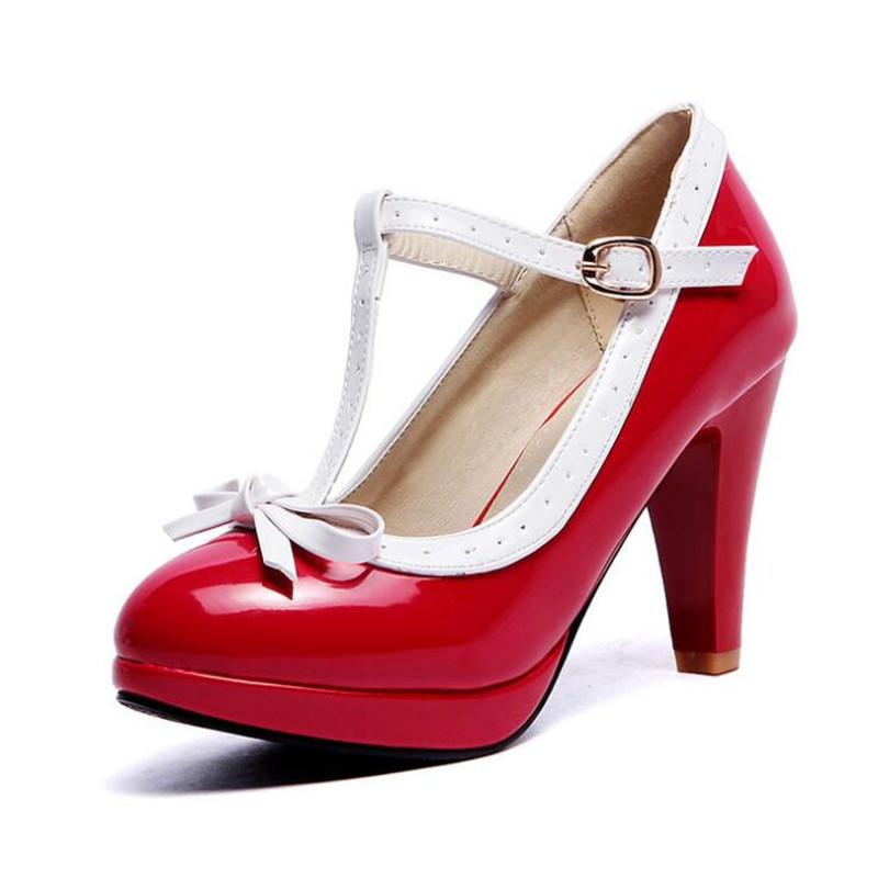 Big Size 32-43 Women Pumps Sweet Bowtie Shoes Patent Leather Chunky Female High Heels Party Wedding Prom Footwear Girls Shoes