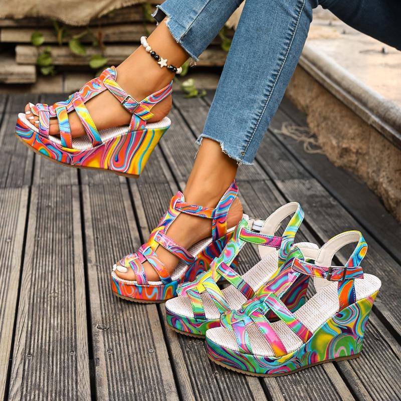 High Heel Sandals Women's New Cross-border Foreign Trade Large Size Wedge Embroidered One Line Buckle Peep Toe Platform Women