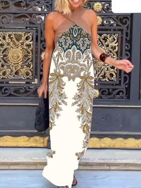 

Women s Sleeveless Cross Neck Leaf Print Maxi Dress, Boho Summer Outfit XXL