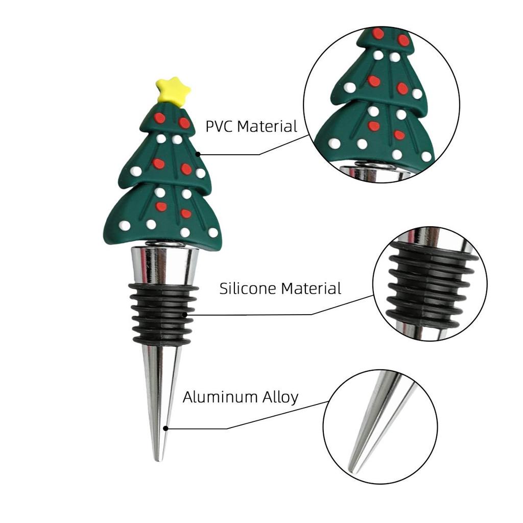 PVC Christmas Wine Stoppers - Green Christmas Tree, Snowman, Candy Cane, Reindeer, Santa Claus, Wreath for Glass Bottles