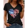 Patriotic Heart Firework Flag Print Casual T Shirt V Neck Short Sleeve Tee For Women Summer Holiday And Daily Wear