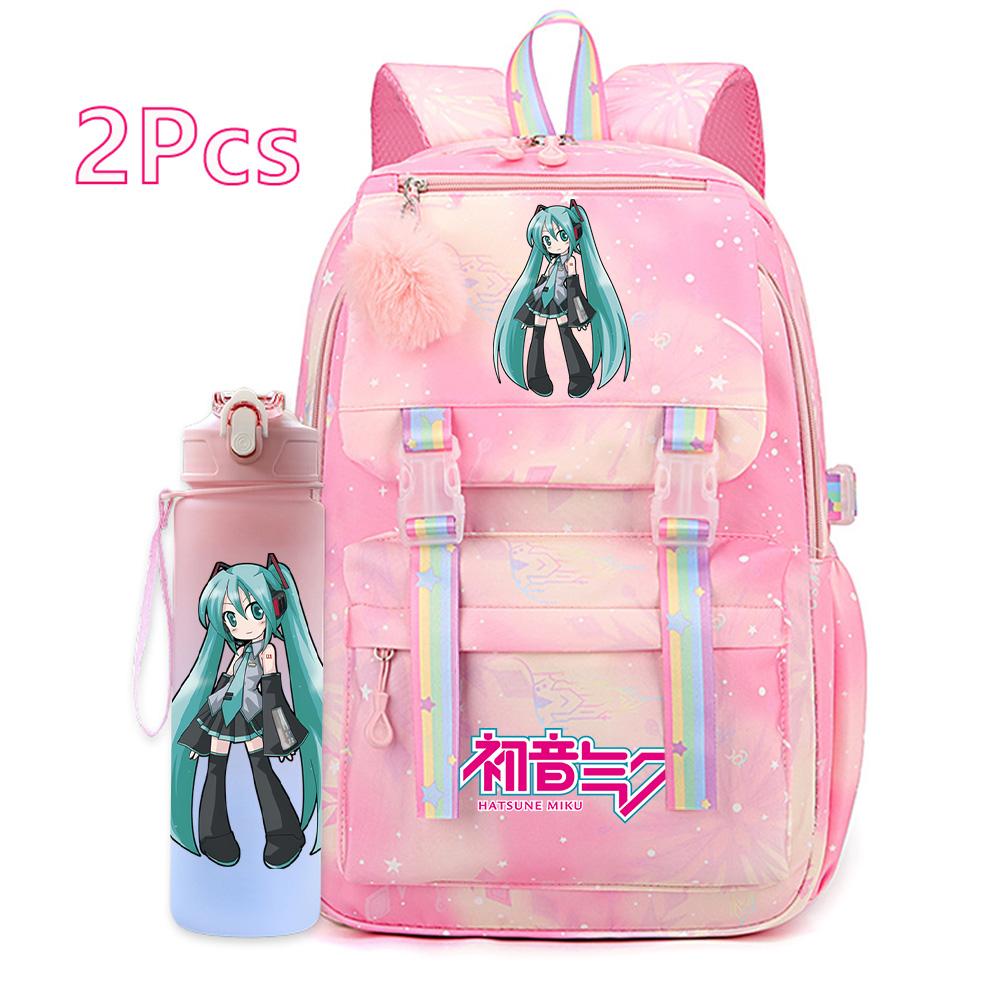 2 st/set Söt Hatsune Miku-tryckt Ryggsäck med 750 ml Vattenflaska för Tonårsflicka Pojke Skolväska Stor Kapacitet Vattentät Resväska Gåva