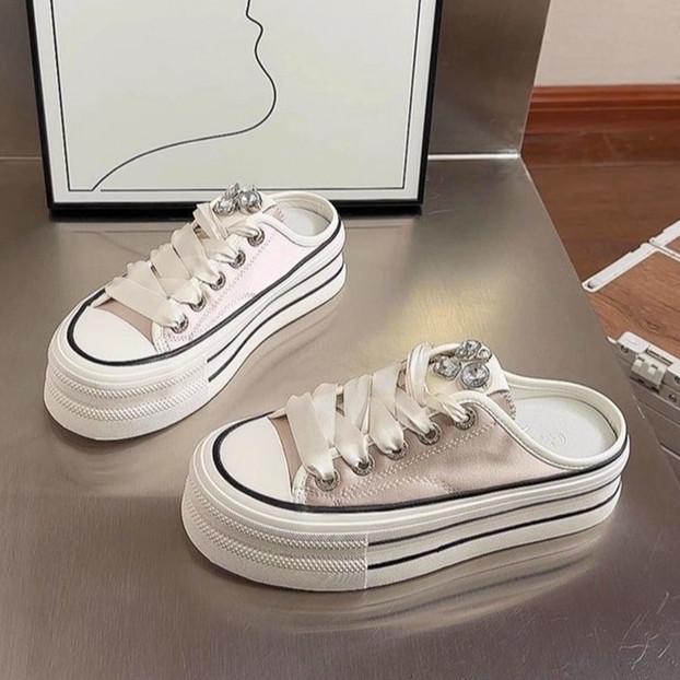 Half Slippers 2025 New Spring and Summer Super Fire Rhinestone Satin Surface Lazy Thick Bottom Versatile Bag Head Slippers Women's Wear