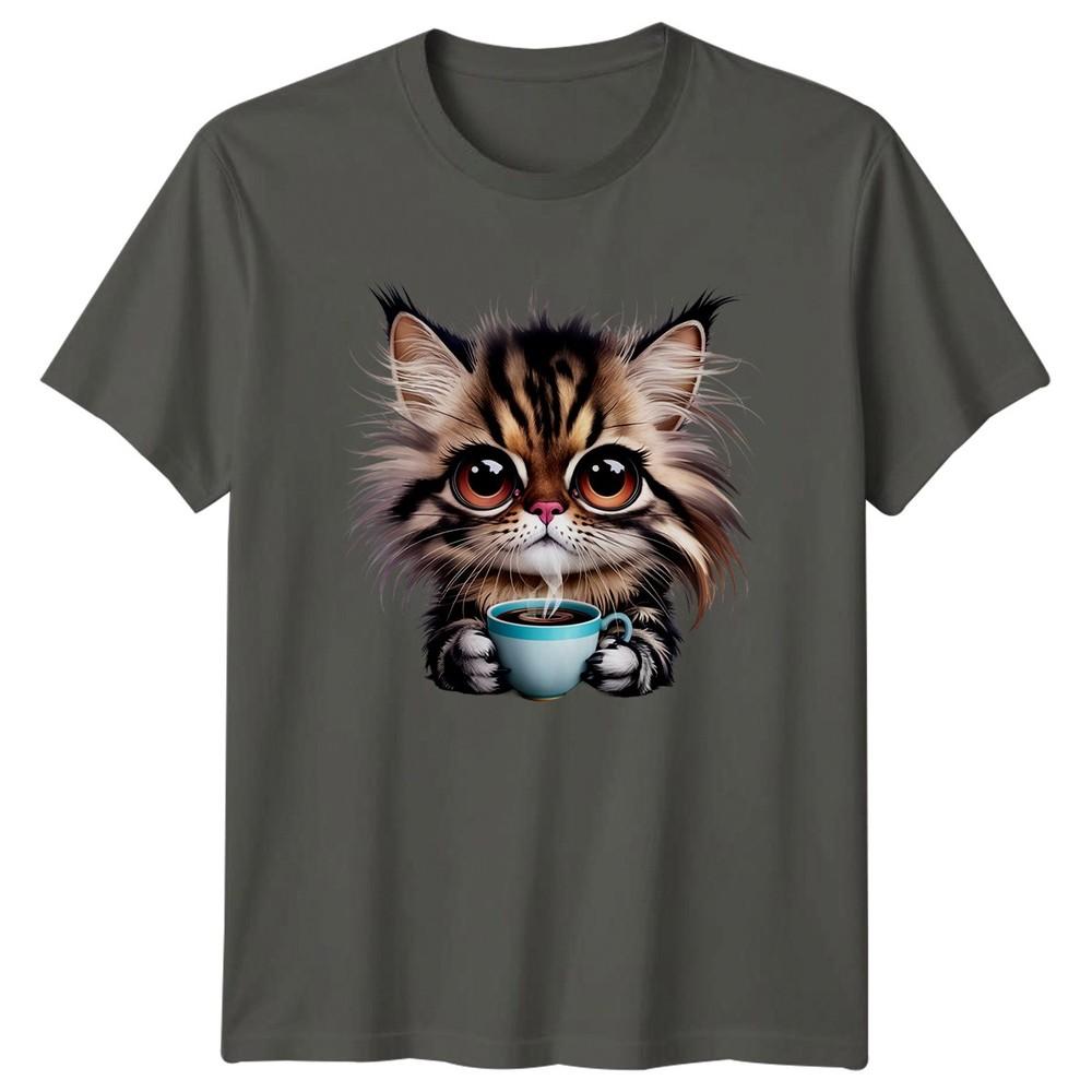 Adorable Fluffy Kitten Sipping Hot Unisexs TShirt Kawaii Animals Cat Lover S