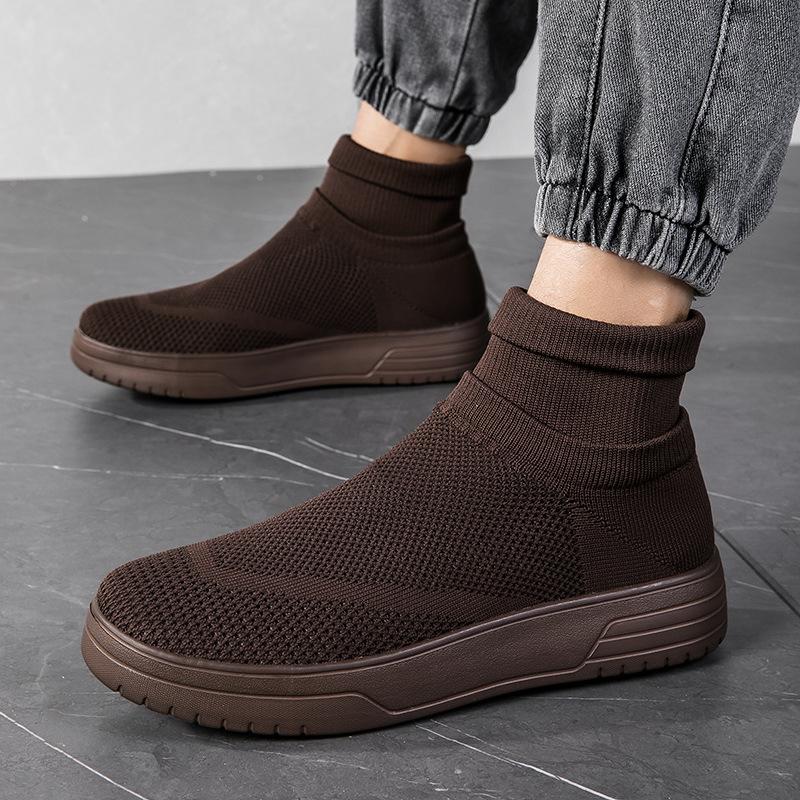 Men's Shoes Autumn New High-top Couple Socks Casual Shoes Large Size Thick Baseplate Shoes Breathable Fly-woven Mesh Sneakers