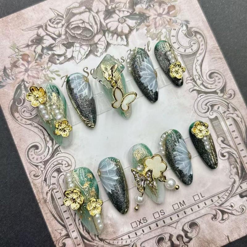 Unghie Finte Corti Artigianali In Stile Chic Trendy Verde per Donne Fai-da-te Unghie Indossabili Con Motivi Floreali Farfalla Croce