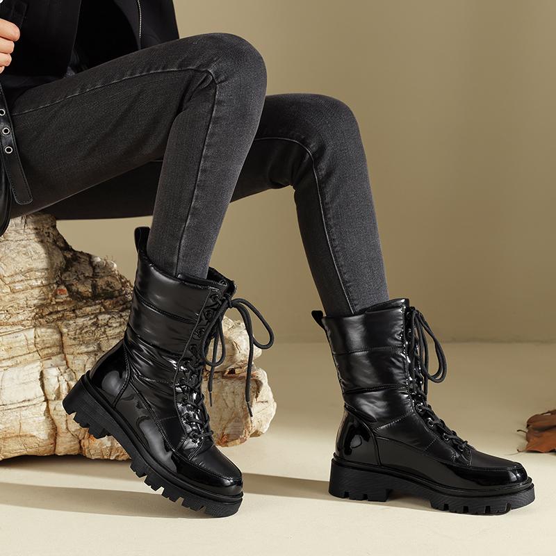 Wasserdichte Stiefeletten zum Schnüren Damen Winter Schneestiefel Damenschuhe Dickes Plüsch PU-Leder Winter Damen Motorradstiefel