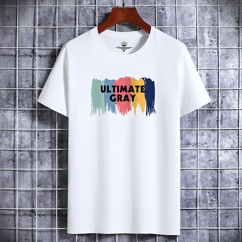 QICED Летняя футболка с короткими рукавами, мужская футболка с круглым вырезом и трендовым низом S белый