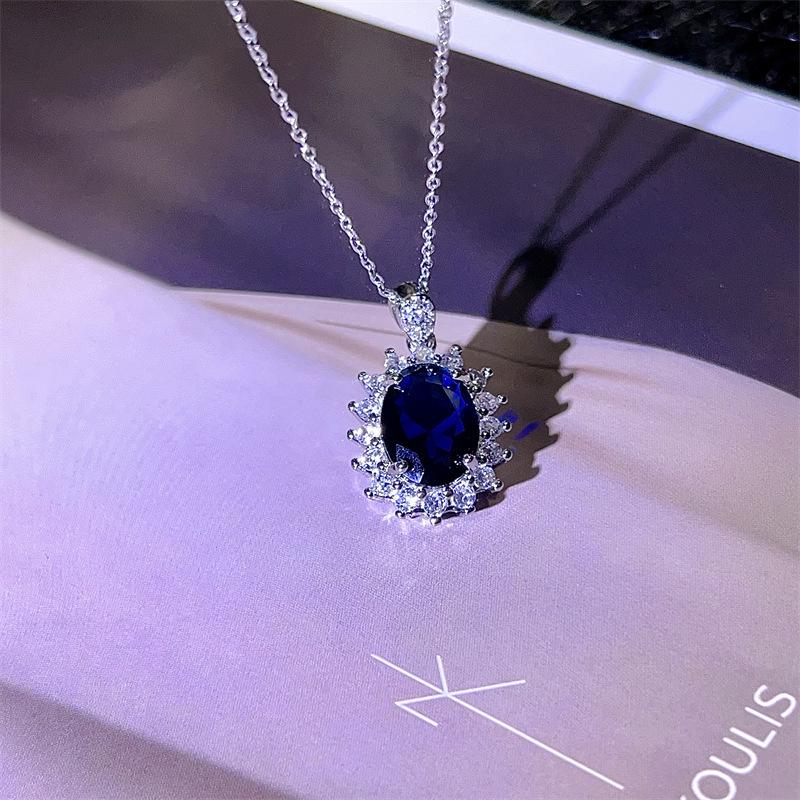 Xiao Dai Fei Women s Luxury Royal Blue Sapphire Necklace: Elegant Oval Gemstone Pendant on a Noble Temperament Collarbone Chain