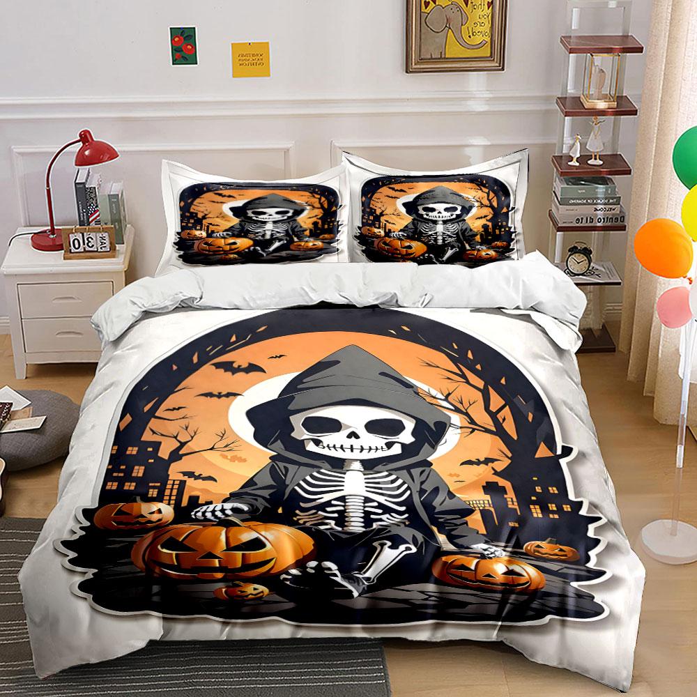 Halloween Skeleton Pumpkin Scene Bedding Duvet Cover Set Duvet Cover Pillowcases (1*Duvet Cover 2*Pillowcases, without duvet insert)