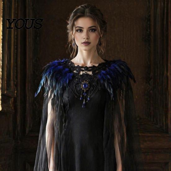 Feather Cape for Halloween Gothic Cloak Men Women, Tulle with Women's Party Wrap Shawl Shrug Shoulder Witch Cosplay Costume, Stage Performance Collar