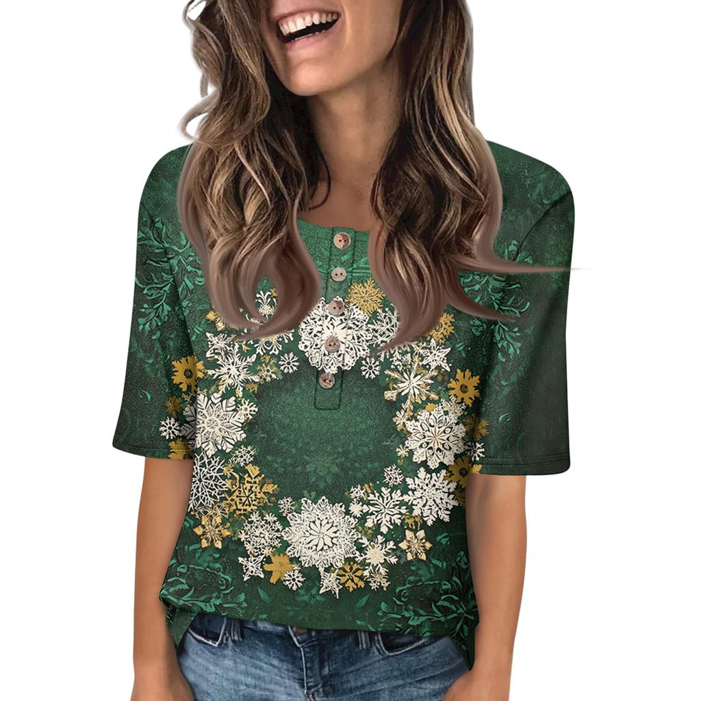 Shirts For Women Trendy Round Neck Button T Shirts Printed Blouse Half Sleeve Tops For Women