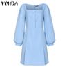 VONDA Women Casual Square Neck Puff Long Sleeve Solid Color Hip Dresses