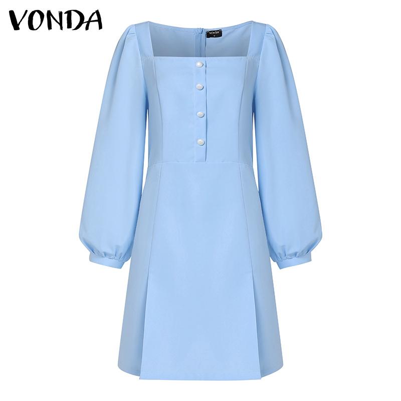 VONDA Women Casual Square Neck Puff Long Sleeve Solid Color Hip Dresses