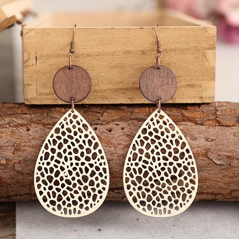 1 Paire d'Attaches d'Oreille Creuses en Forme de Goutte d'Eau Combinaison Cuir Copeaux de Bois Boucles d'Oreilles en Maille