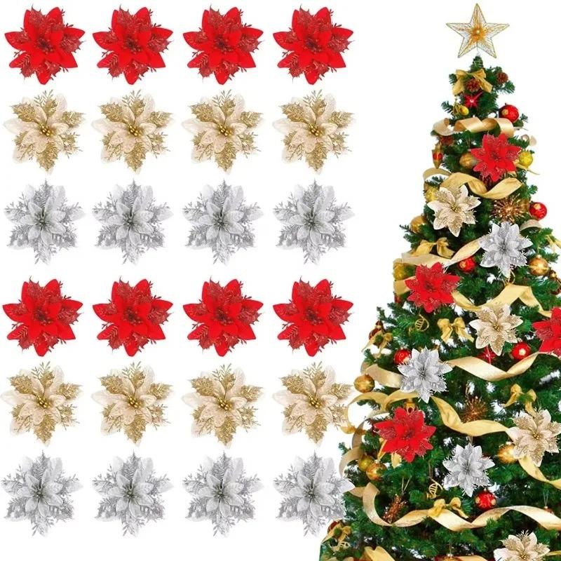 Christmas Glitter Artificial Flowers Floral Silk Fake Flower with Clips for Xmas Tree Hanging Ornaments New Year Gift Home Decor