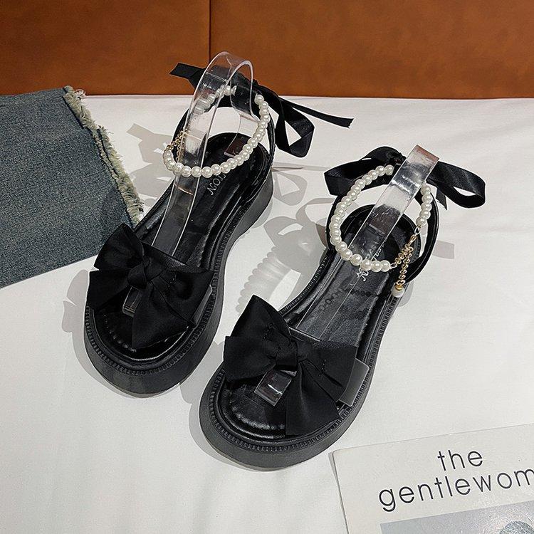 SyfIyno Bow Sandals Women's New Summer Sandals One Strap Thick Bottom Pearl Buckle Fashion Open Toed Roman Women's Shoes