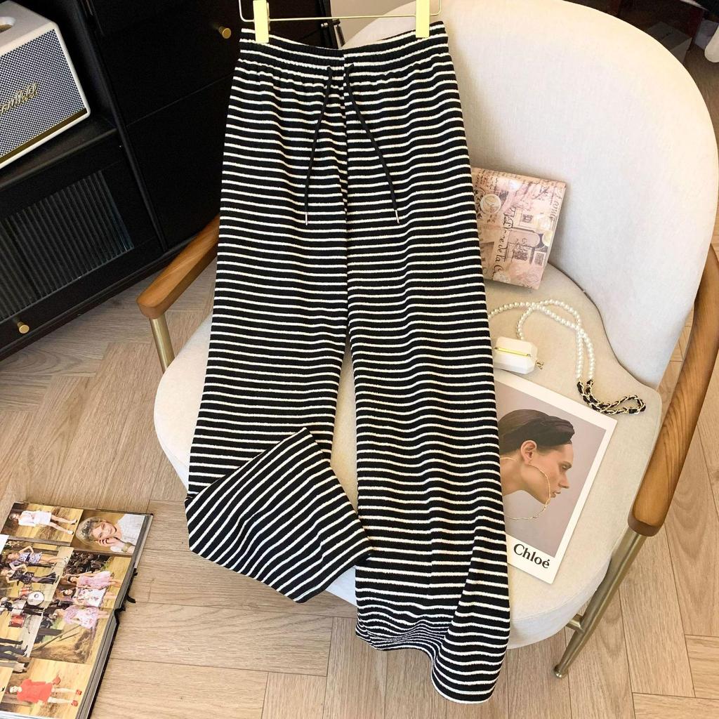 Women's High Waist Black & White Striped Petite Wide Leg Pants - Fleece Lined for Autumn/Winter