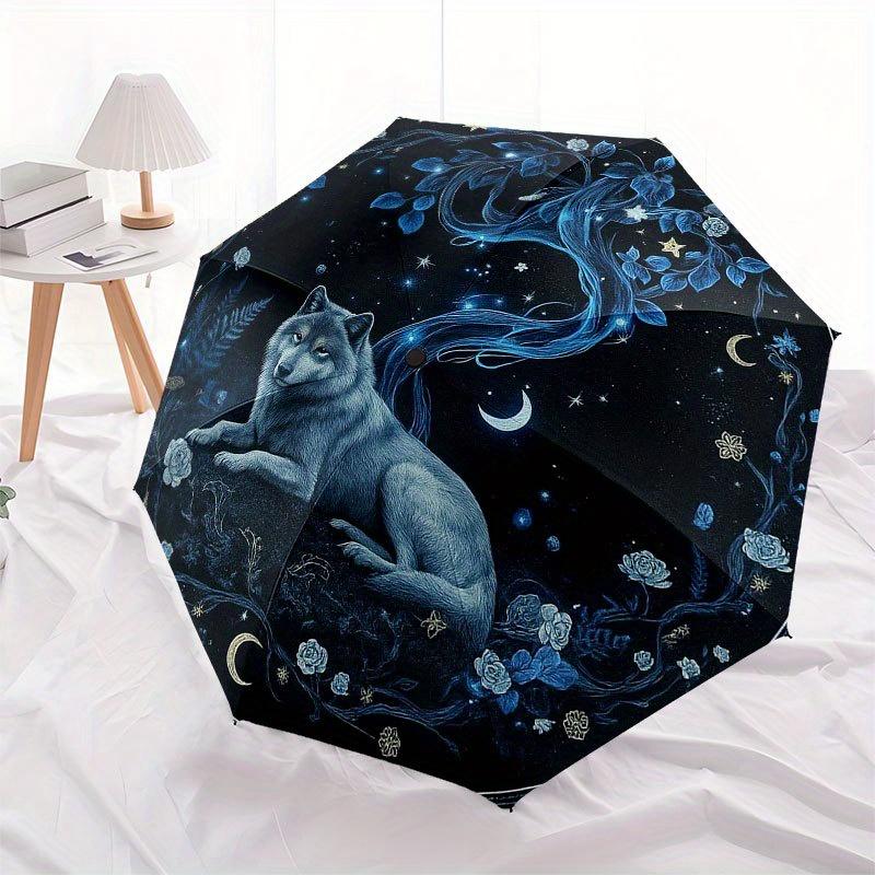 Enchanted Night Wolf Wall Art: Mystical Moonlit DecorUmbrella with Cute Design, Portable 3-Fold Compact Umbrella for Men & Women, Valentine's Day Moth