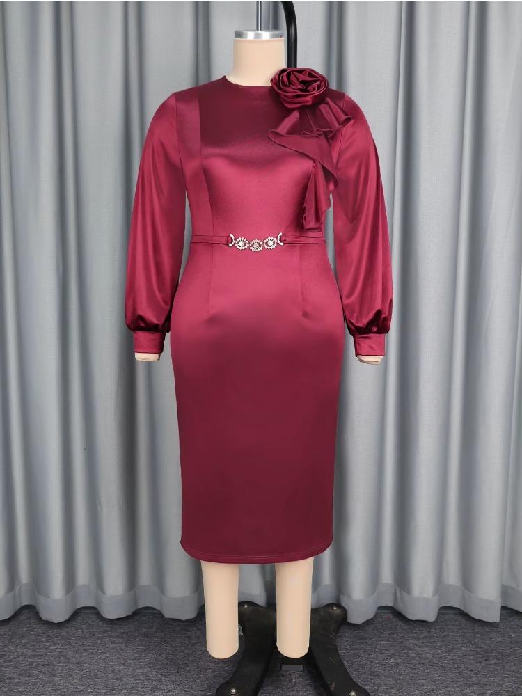 Women Elegant Shiny Midi Evening Party Dress 3D Flower O Neck Long Sleeve Rhinestone Waist Belt Slit Slim Wedding Christmas Gown