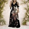 Women Plus Size V Neck Cold Shoulder Short Sleeve Tie Cuffs Printed A Line Long Dress
