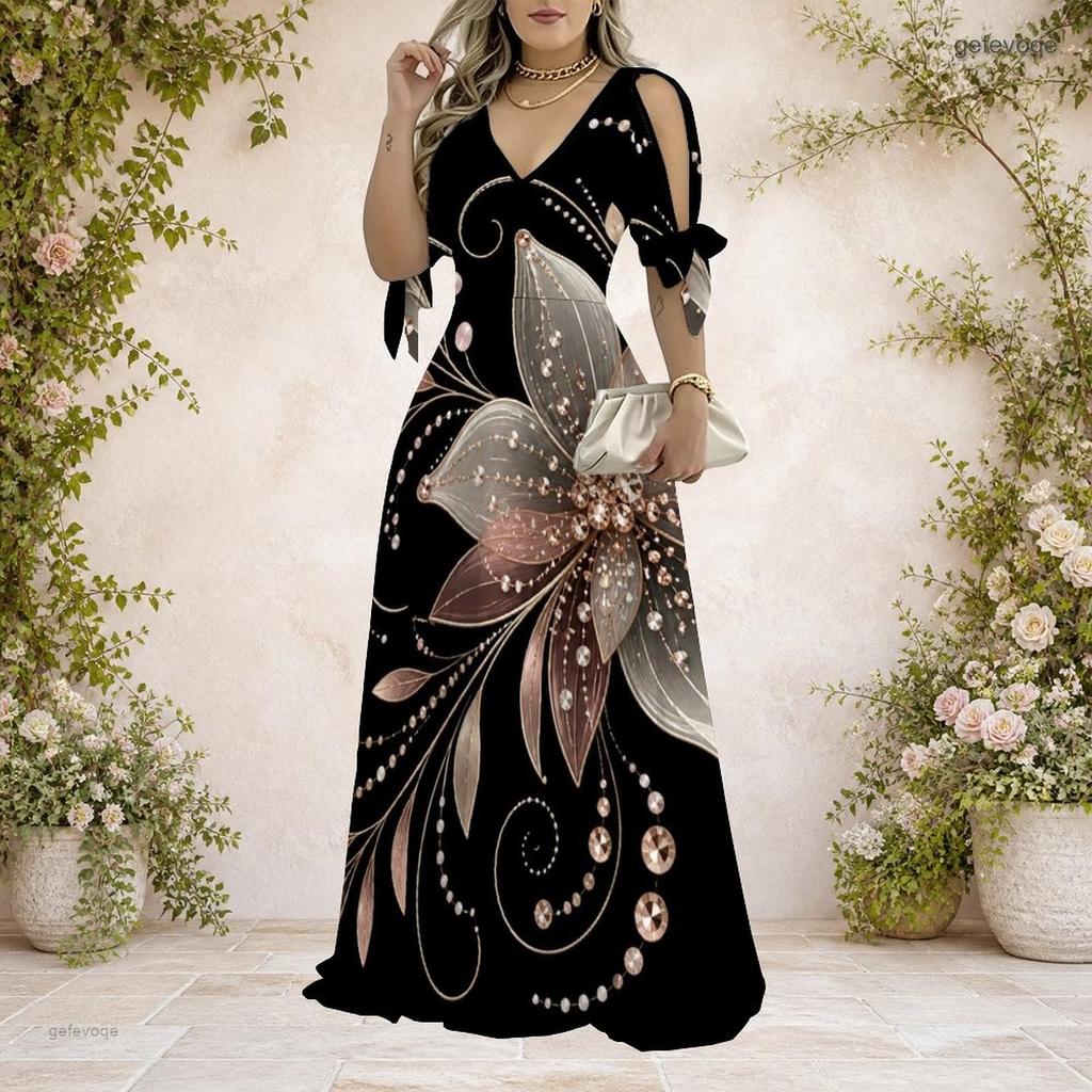 Women Plus Size V Neck Cold Shoulder Short Sleeve Tie Cuffs Printed A Line Long Dress