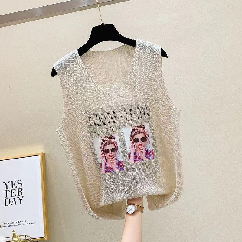 2023 Shiny Silk Sleeveless V-Neck Women's Vest - Spring/Summer New Style, Loose Fit with Hot Diamond Sling Knitted Design