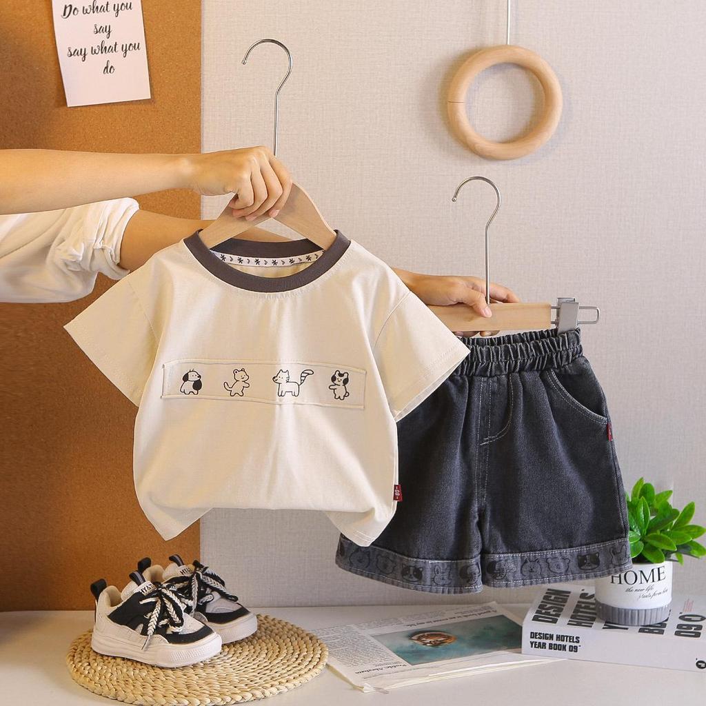 2026 Summer Children's Cartoon Patch Cuffed Denim Two-Piece Set